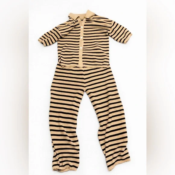 Striped Button-Front Knit Polo Set in Beige and Black - Picture 4 of 4